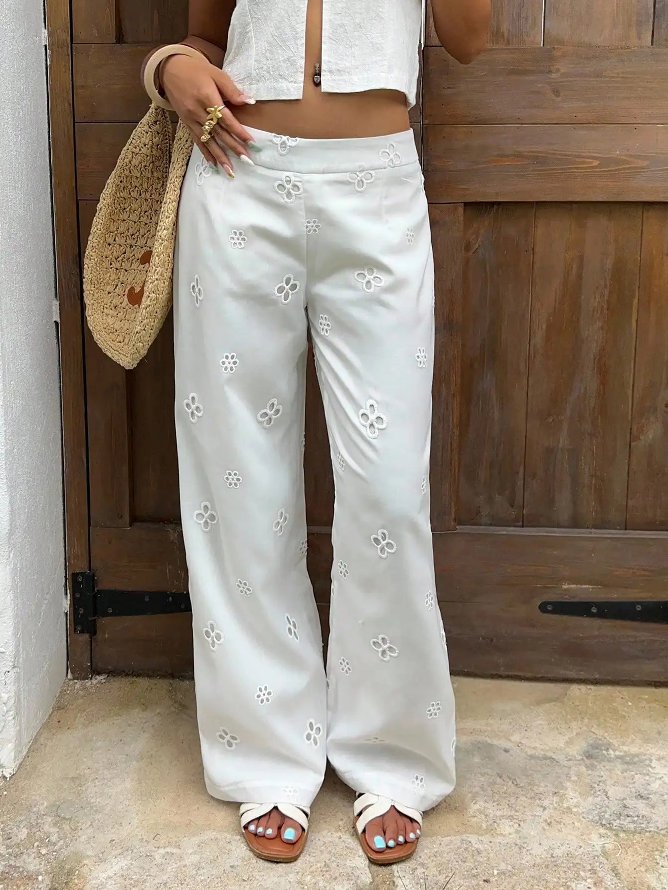 LIZAKOSHT  -  Hollow-Out Embroidered Textured White Women's Suit Trousers