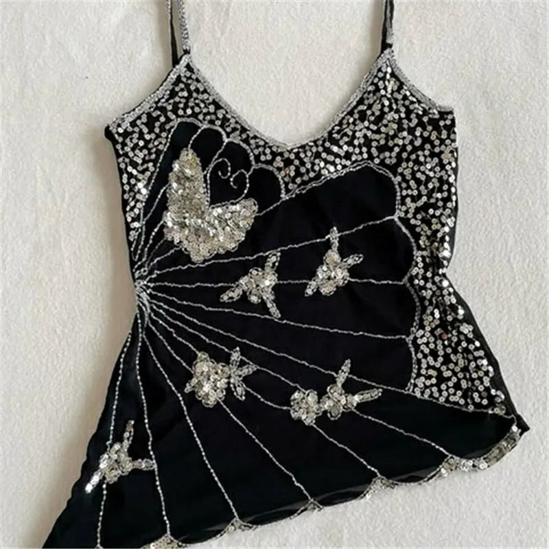 LIZAKOSHT  -  Y2K Sequin Butterfly Tops Women Sleeveless Spaghetti Strap Sheer See Through Camisole Party Clubwear Summer Date Night Outfits