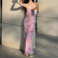 LIZAKOSHT  -  y2k Long Dress Women Summer Floral Print Spaghetti Strap Sleeveless Mesh Bodycon Dress 2000s Party Dresses Clubwear