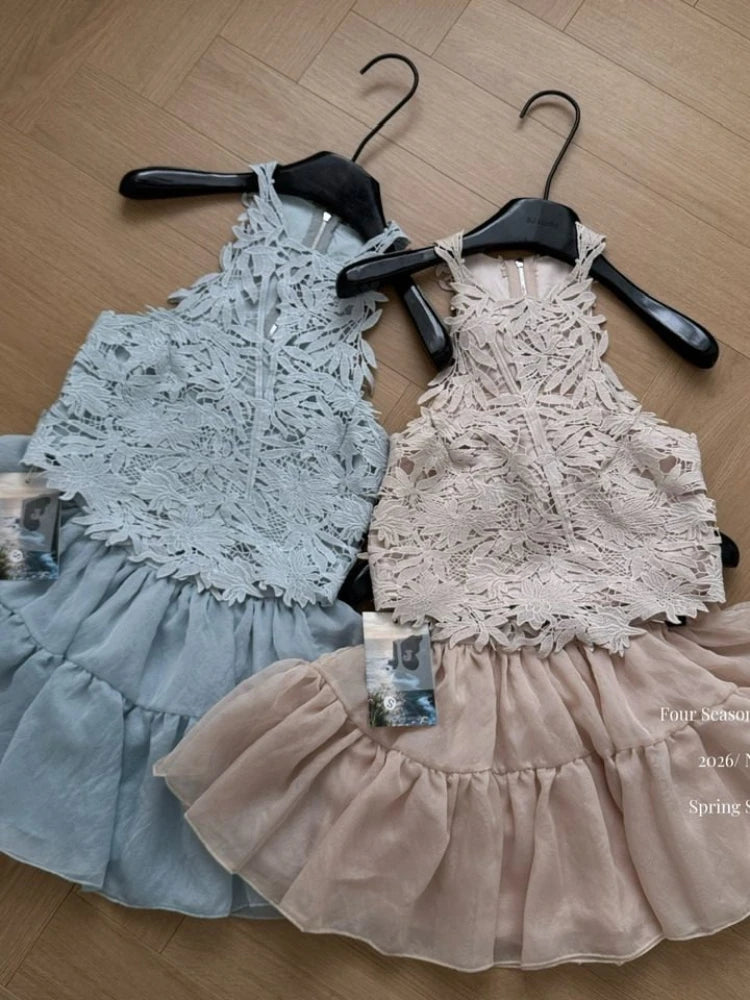 LIZAKOSHT  -  French Luxury Elegant 2 Piece Set for Women Lace Halter Neck Top + High Waist Puffy Skirt Slim Fit Sweet Sexy Chic Party Outfit