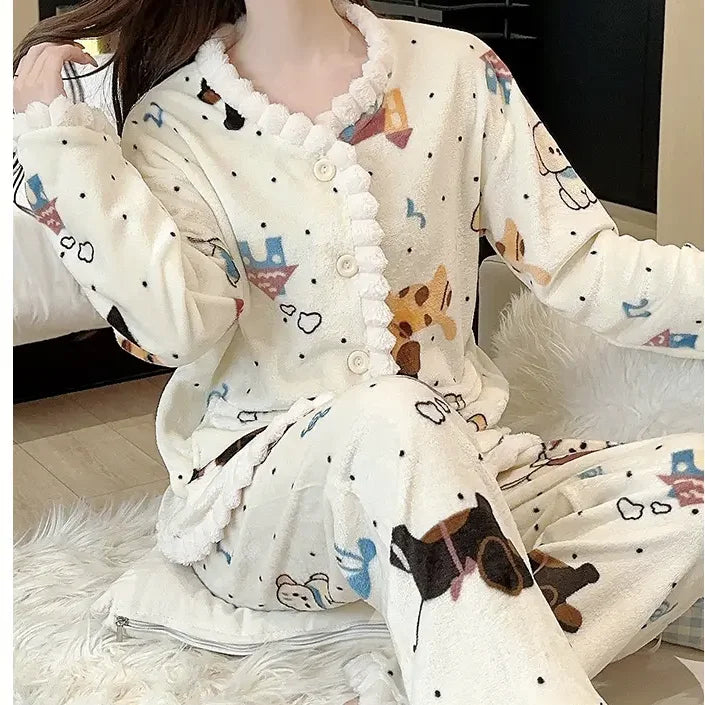 LIZAKOSHT  -  Coral Fleece Pajamas Women Autumn Winter Print Thickened Plush Sleepwear Cardigan Suit Warm Soft Homewear Long Sleeves Pajamas