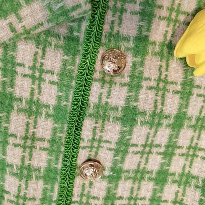 LIZAKOSHT  -  New Korean Tweed Jacket Vintage Green Outerwear Spring Autumn Women Coat Cropped Jacket Long Sleeve Button Turndown Collar Suit