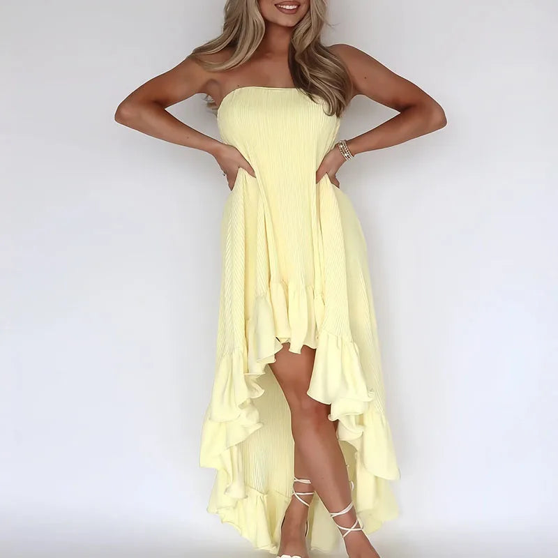LIZAKOSHT  - Sexy Strapless Pleated Irregular Woman Long Dress Yellow Ruffle Edge Design Summer Dress Simple Backless Hollow Out Beach Dress