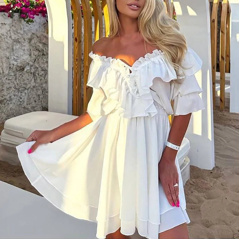 LIZAKOSHT  -  Casual Pleat White Mini Dress Elegant V-neck Flared Sleeve A-Line Dress Women Fashion Drawstring Design Ruffle Short Dress