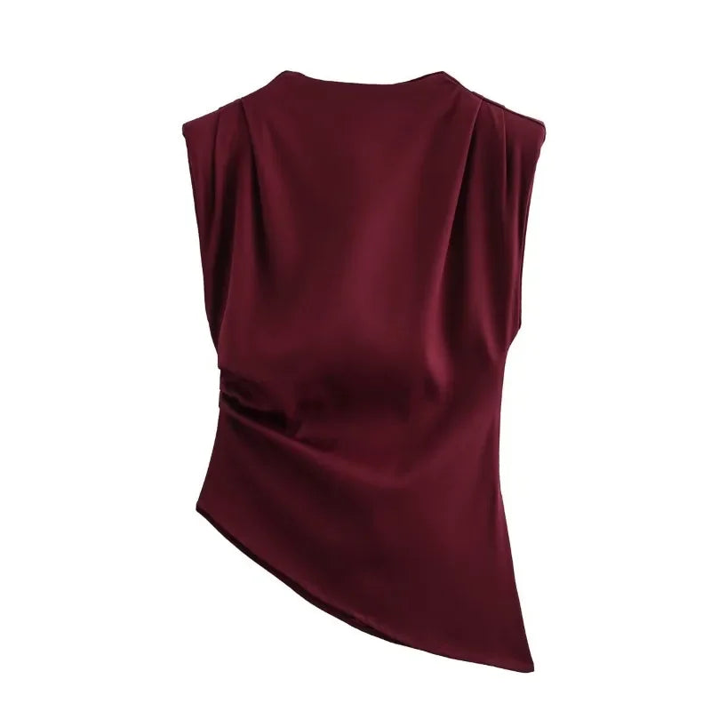 LIZAKOSHT  -  Fashion Sleeveless T-Shirt Women's Sexy Irregular Pleated Cropped Top 2025 Summer Woman Pullover Round Neck Vest T-Shirt