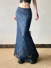 LIZAKOSHT  -  Retro Plaid Print Mesh Long Skirts Preppy Style Slim Fit Y2k Midi Skirt Chic Low Waist Straight Skirt Korean