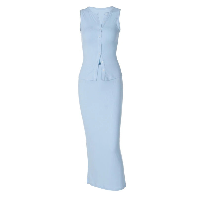 LIZAKOSHT  -  2 Piece Outfits Sexy Women Solid Color Ribbed Buttons Sleeveless Tank Top and Long Skirt Clothes Set 2000s Streetwear