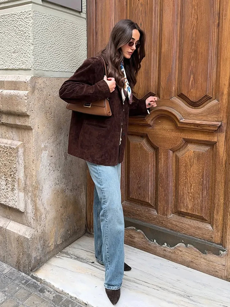 LIZAKOSHT  -  Suede Leather Suit Jacket Coat Vintage Brown Women Cardigan Commuting Fashion Single Breasted Lapel Loose Casual Classic Outwear