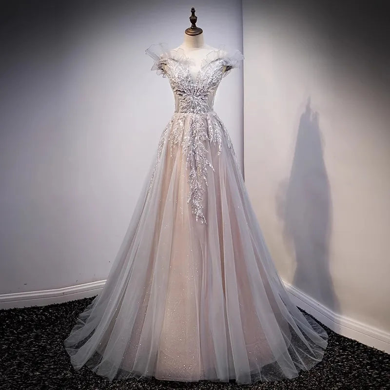 LIZAKOSHT  -  Evening Dress Female New Style Temperament Colorful Yarn High End One Shoulder Tail Host Dreamy Forest Series Vocal Art Exam