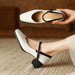 LIZAKOSHT New Genuine Leather Vintage Women Shoes Fashion Square Toe Pumps Chunky Heel Spring Shoes Women Zapatos De Mujer Mary Jane Shoes