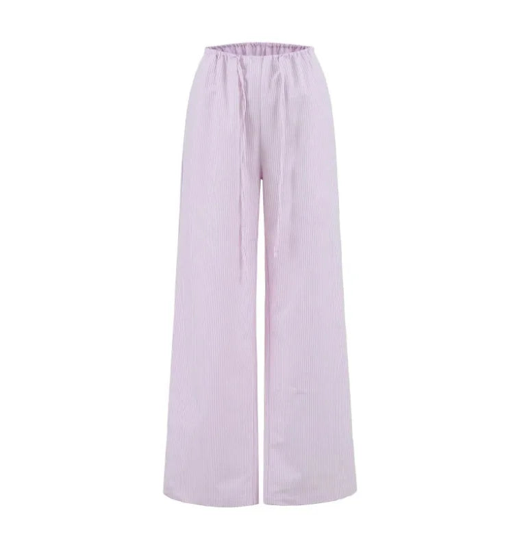LIZAKOSHT  -  Women Striped Wide Leg Lace Up Full Pants
