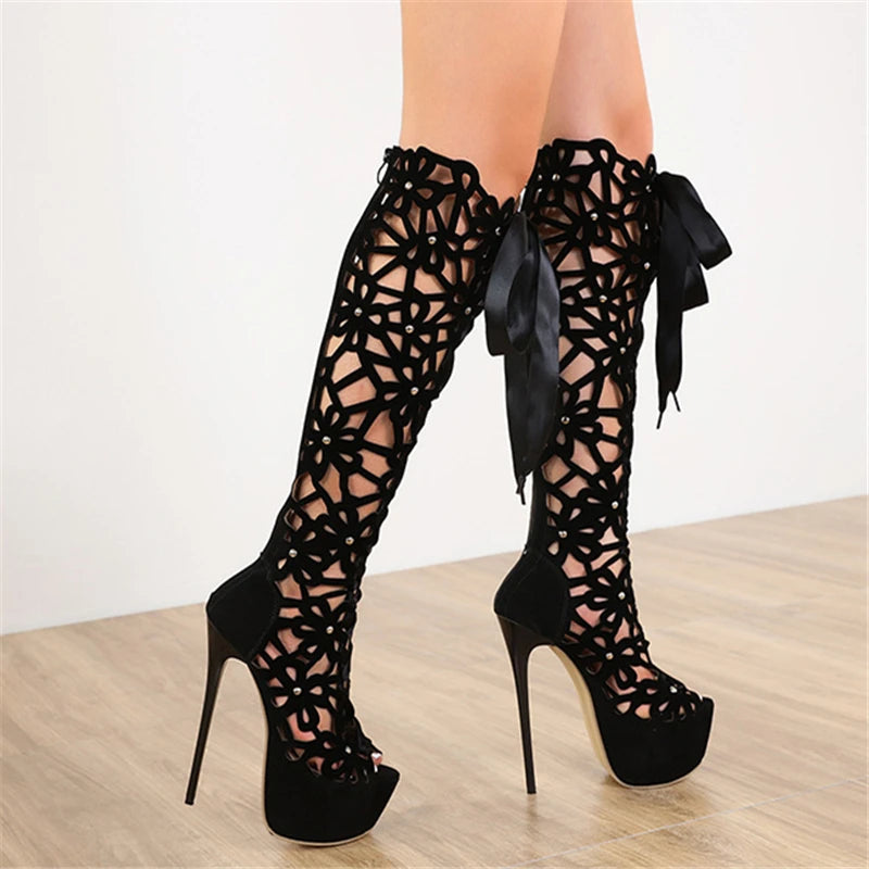 LIZAKOSHT  -  Suede Leather Peep Toe Thick Bottom Super High Heels Knee High Women Boots Hollow Out Butterfly Knot Fashion Rome Female Shoes