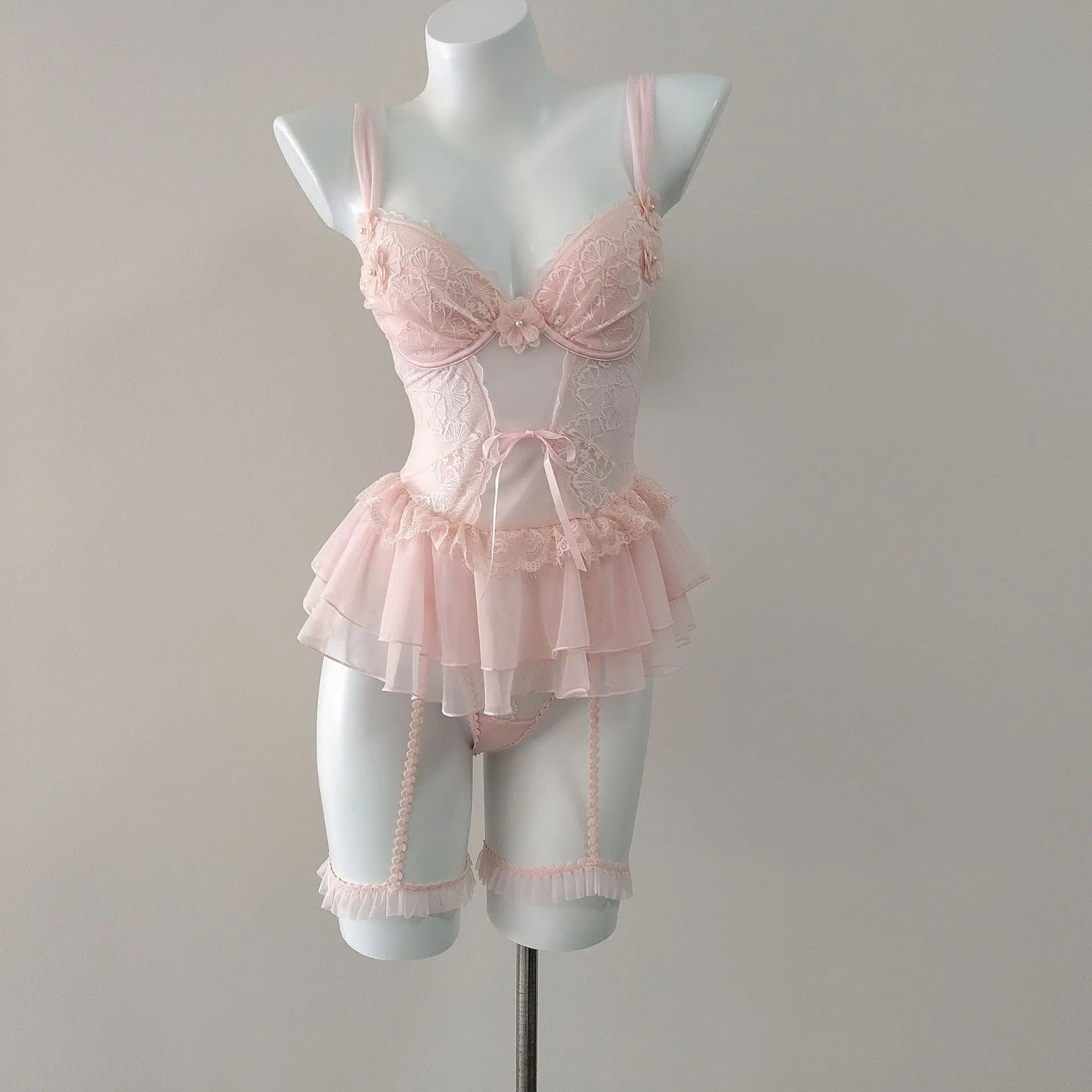 LIZAKOSHT  -  Romantic Flower French Sexy Lingerie Corset Vest Slim Waist Lace Mesh Fishbone Bra Nightdress with Panty Underwear Set Sleepwear