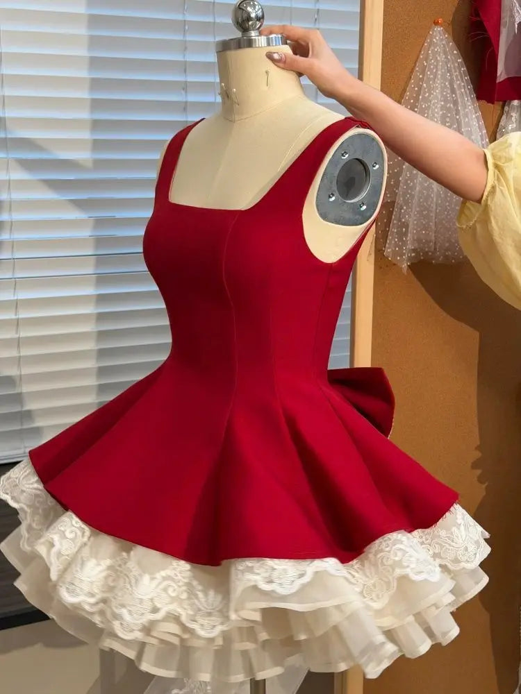 LIZAKOSHT  -  French Coquette Princess Lace Bow Mini Dress Women Slim Fit Ruched Wide Shoulder Strap Square Neck Party Clubwear Elegant Outfit