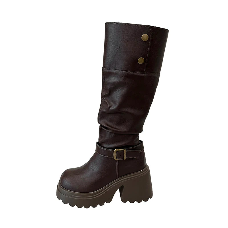 LIZAKOSHT  -  Winter Punk Style Woman Platform Knight Boots Fashion Belt Buckle Shoes Ladies Concise Height Increase Long Booties