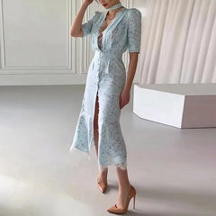 LIZAKOSHT  -  Chic Lace Trimmed Printed Dress Women Elegant Deep V-neck Waist Cinching Split Short Sleeve Maxi Dress Lady Party Vestidos