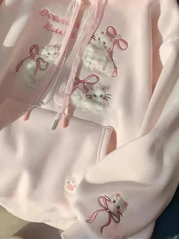 LIZAKOSHT  -  Cute Cartoon Bow Hoodies Women Loose Sweet Lace Patchwork Kawaii Sweatshirts Preppy Style Spring Long Sleeve Pink Tops New