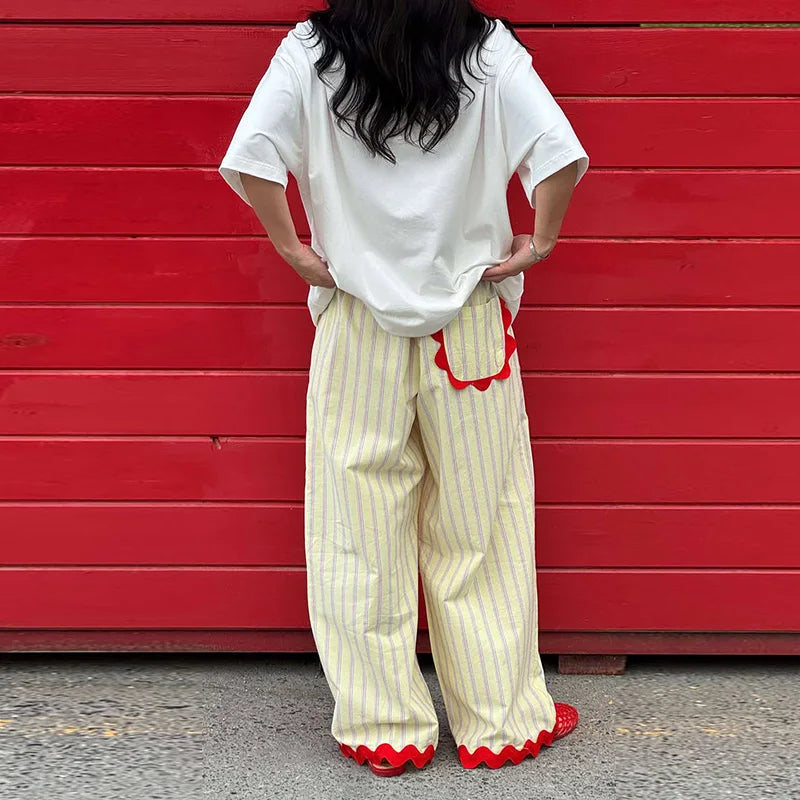 LIZAKOSHT  -  Pants Leg Stripe Women Trousers Adjustable Waist Wrap Loose Summer Floor Length Boho Palazzo Trousers Women Outfit For Women