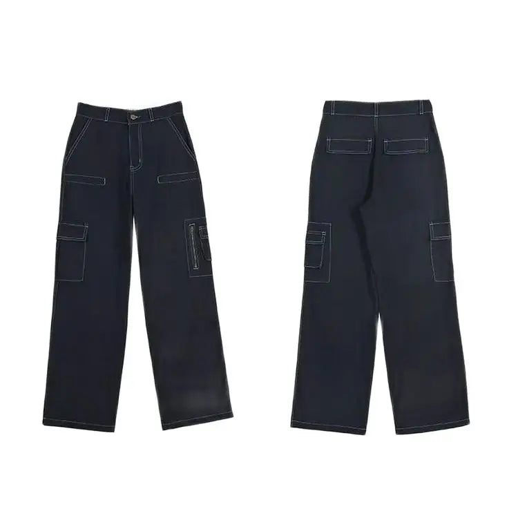 LIZAKOSHT  -  Cargo Pants Flange Multiple Pockets High Waist Women Straight Baggy Pants Fashion Cotton Wide Leg Trousers Casual Streetwear