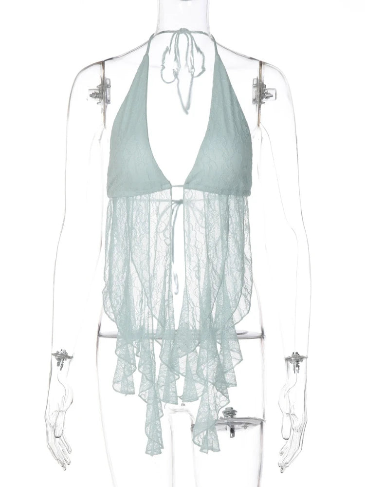 LIZAKOSHT  -  Fashion Sexy Off Shoulder Backless Blue Corset Holiday Beach Tops Women's Summer Halter Hollow Out Camisoles Streetwear