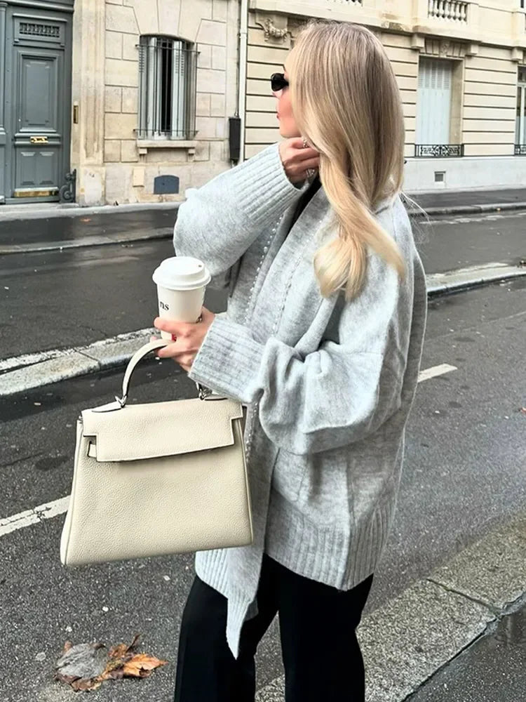 LIZAKOSHT  -  Elegant Solid Scarf Collar Knitted Cardigan Women Chic Full Sleeve With Pocket Loose Sweater New Autumn Lady Casual Street Wear