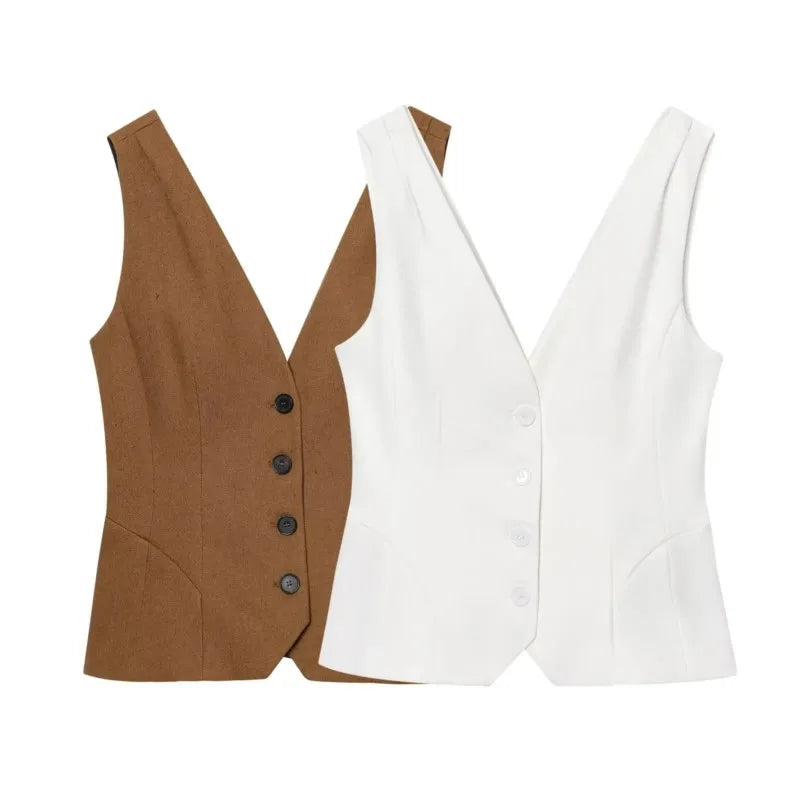 LIZAKOSHT  -  Fashion Slim Vest For Women Summer 2025 New Brown Single Breasted V-neck Sleeveless Waistcoat Sleeveless Office Casual Solid Top