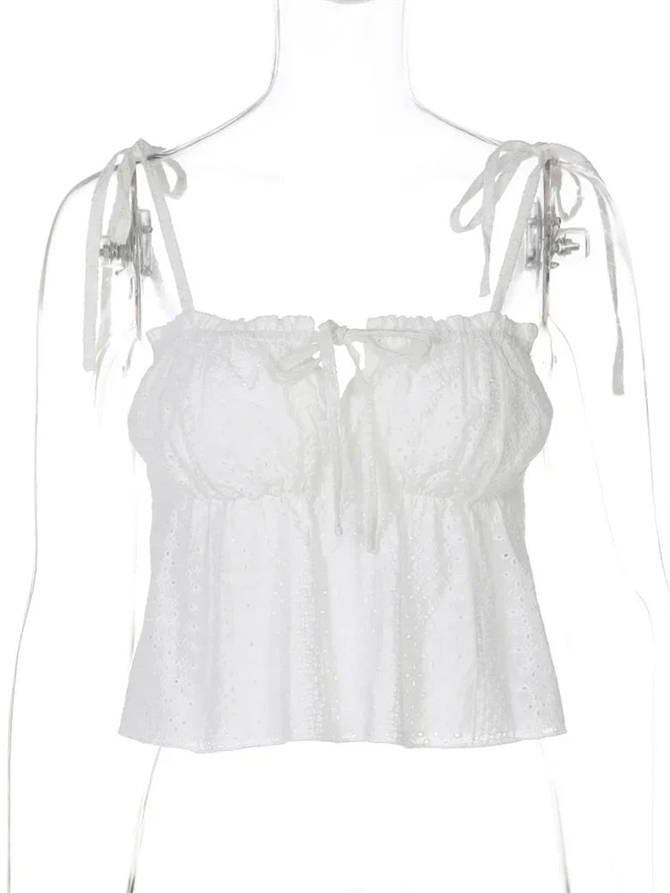 LIZAKOSHT  -  Summer White Hollow Out Vest For Women Lace-Up Casual Patchwork Slim Backless Cropped Y2k Top Women's Spaghetti Tank Top