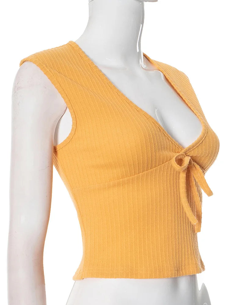 LIZAKOSHT  -  European and American women's spring and summer new solid color low neck sleeveless vertical texture tight vest T-shirt top