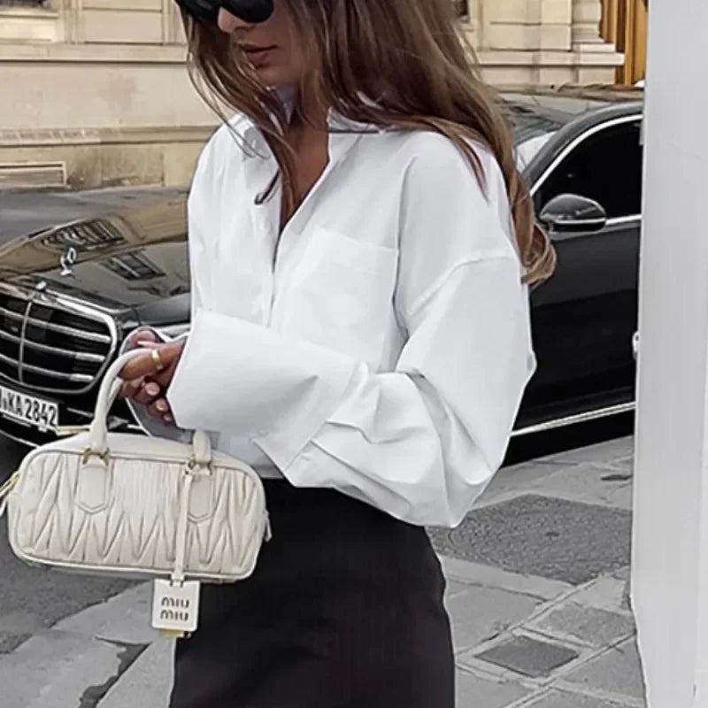 LIZAKOSHT  -  Fashion Loose White Shirt Autumn Office Lady Blouse Elegant Long Sleeve Tops Casual Pocket Loose Women Clothes Blusas 29375