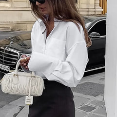 LIZAKOSHT  -  Fashion Loose White Shirt Autumn Office Lady Blouse Elegant Long Sleeve Tops Casual Pocket Loose Women Clothes Blusas 29375