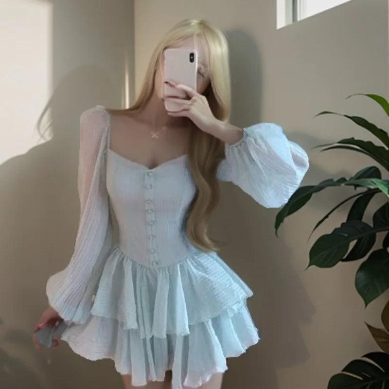 LIZAKOSHT  -  Casual Fashion Spring and Summer New Ruffles Patchwork Square Collar Long Sleeve High Quality Dress Solid Color Women's Clothing