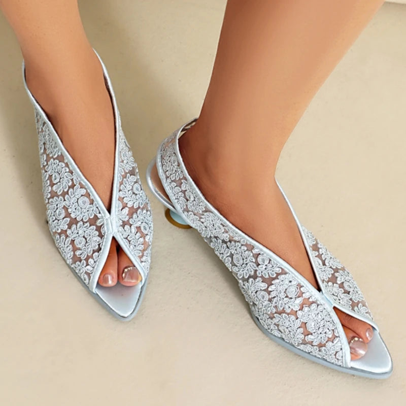 LIZAKOSHT  -  Breathable Summer Shoes Sandals Fashion Lace Blue Pink White Party Shoes Footwear Large Size Peep toe Low Heels Women's Sandals