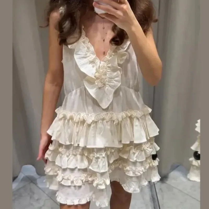 LIZAKOSHT  -  Elegant Layered Ruffle Dress Women 2025 New Summer Loose Sexy V-neck Sleeveless A-line Mini Dresses Vacation Party Evening Dress