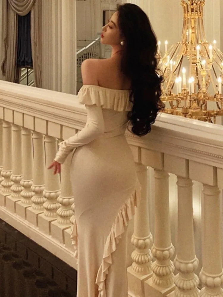 LIZAKOSHT  -  Sexy Bodycon Off Shoulder Long Dresses for Women Solid Ruffles Slim Mermaid Slit Evening Party Bandage Dress Prom Robe Vestidos