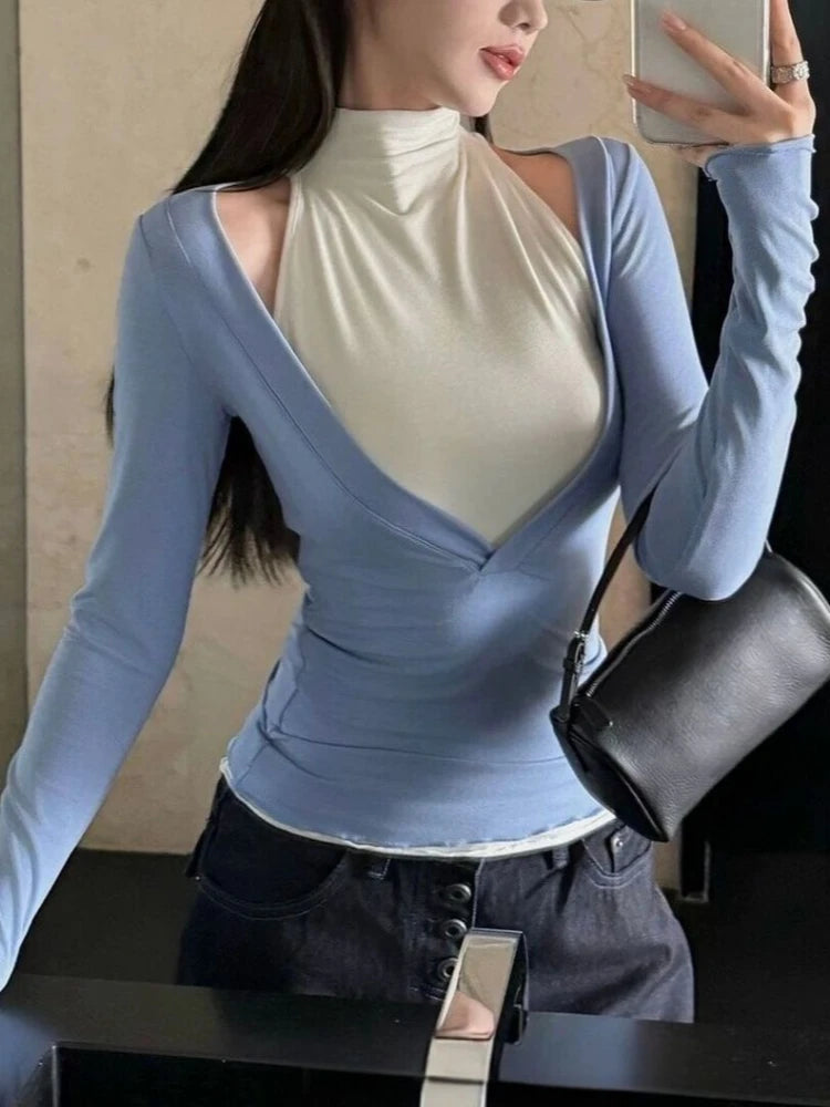 LIZAKOSHT  -  Y2k Aesthetic Two-piece Set Sexy A Deep V-Neck Slim Fit T-shirt + Half High Sleeveless Vest Autumn Vintage Grunge Suit