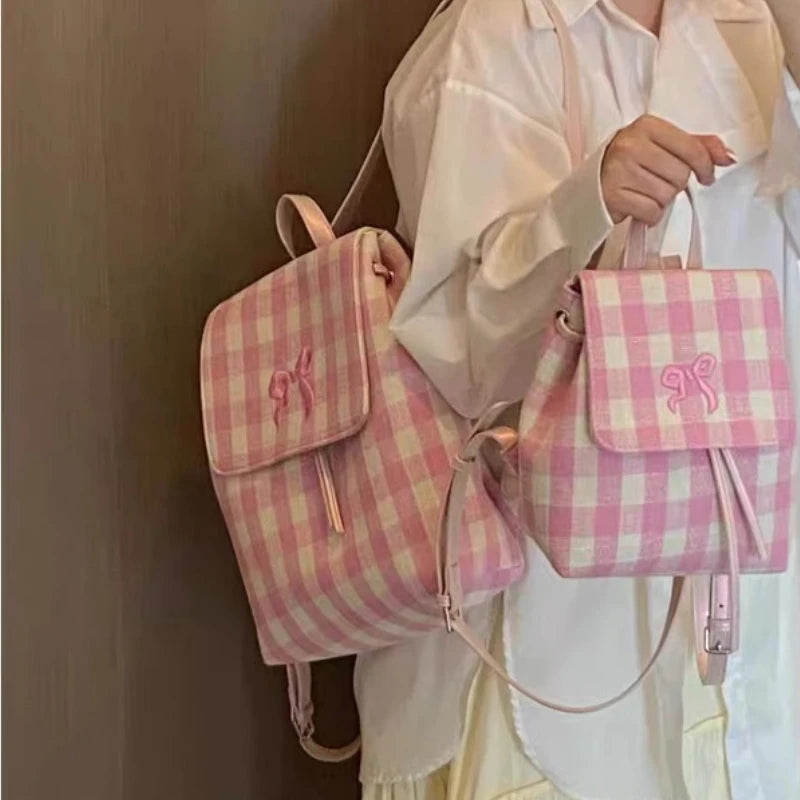 LIZAKOSHT  -  Korean Preppy Sweet Plaid Girls Backpack Y2k Aesthetic Bow Casual Kawaii Schoolbags Women Students All Match Fashion Backpacks