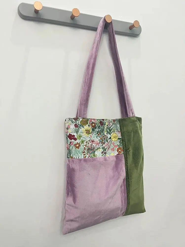 LIZAKOSHT  -  Flower Patchwork Velvet Vintage Casual Handbag Tote Bags Women Commute Shoulder Bag