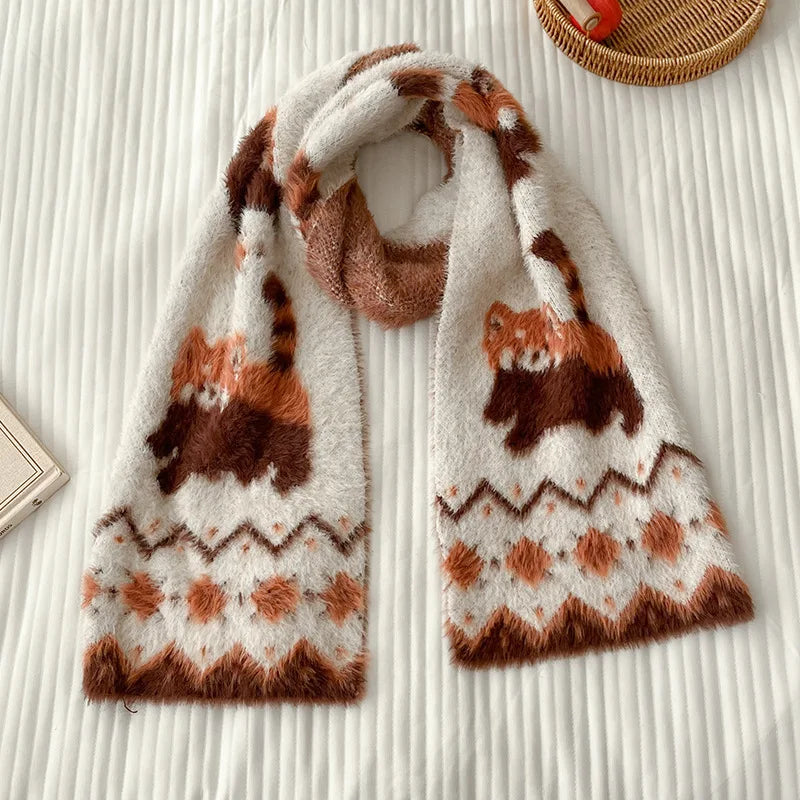LIZAKOSHT  -  170cm Cute Red Panda Knit Imitate Mink Wool Scarf Soft Comfort Women Winter Neckerchief Girls Students Warm Scarves
