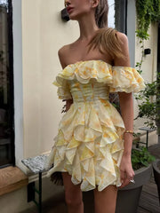 LIZAKOSHT  -  Women Pink Floral Print Chiffon Mini Dress Off Shoulder Short Sleeve Layer Ruffle Hem Summer Dresses Beach Vacation Party Gown