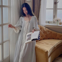 LIZAKOSHT  -  Women Loose Pure Cotton Nightgown Spring Autumn Sweet Nighty Fairy Lace Long Night Dress Romantic Princess Sleepwear Nightwear