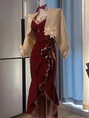 LIZAKOSHT  -  New Wine Red Dress Women's Little Hip Skirt Fishtail