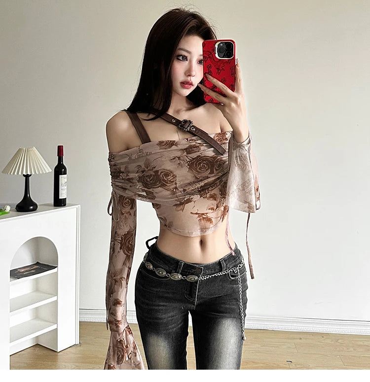 LIZAKOSHT  -  Summer Hot Girl Gothic Harajuku Brown Rose Printed Mesh Lace One Shoulder Long Sleeved T-shirt Fashion Punk Sexy Irregular Top