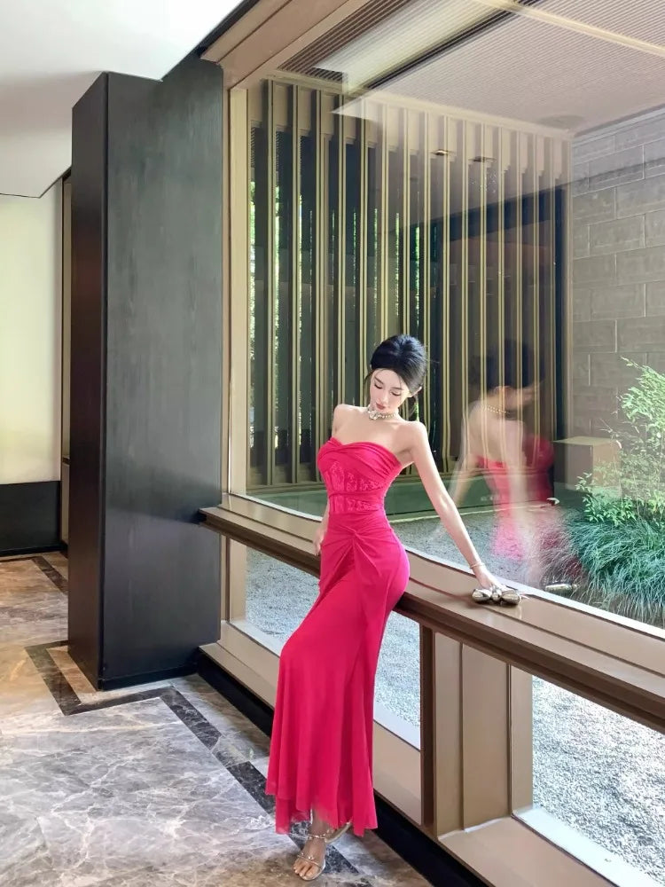 LIZAKOSHT  -  Dresses Women Sexy Lace Patchwork Strapless Slim Ruched Backless Temperament Cocktail Dress Party Female Fashion