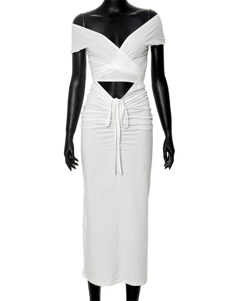LIZAKOSHT -  Hollow Out V-Neck Drawstring Maxi Dress Female Bandage Patchwork High Waist Lace-Up Party Dress Ladies White Party Dress