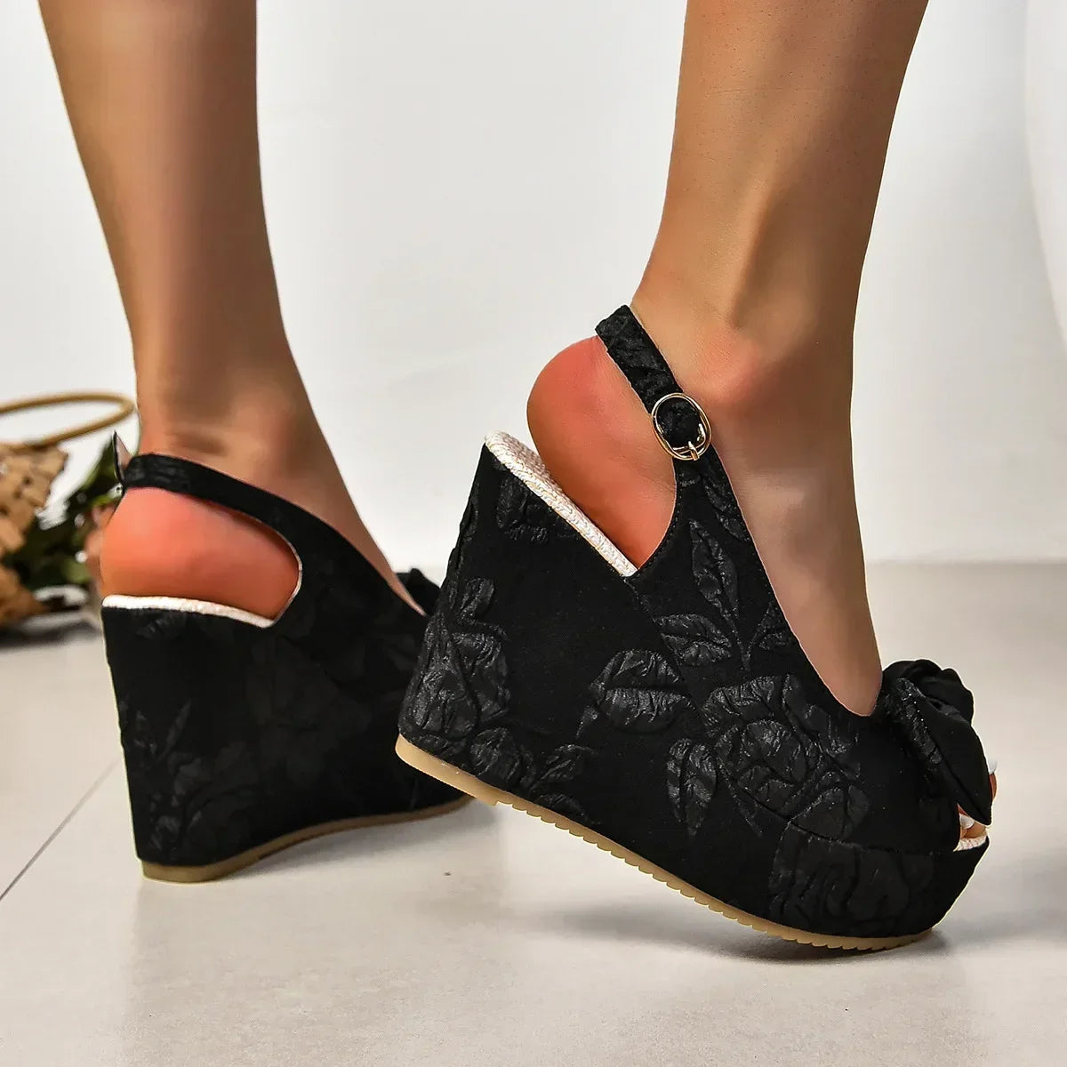 LIZAKOSHT  -  Slope Heel Sandals Female Summer New Bow Embroidery High-heeled Fish Mouth Shoes Thick Bottom Fashion Versatile Women Shoes