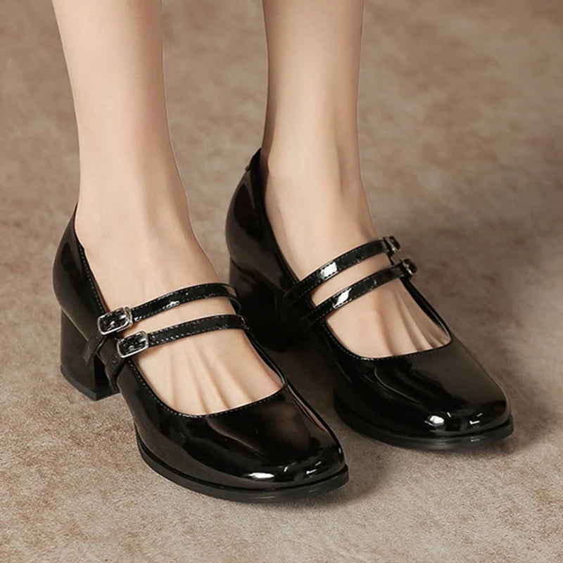 LIZAKOSHT  -  New Women 4.5cm High Heels Fashion Prom Pumps Female Concise Metal Buckle Strap Block Heels Lady Patent Leather Mary Jane Shoes
