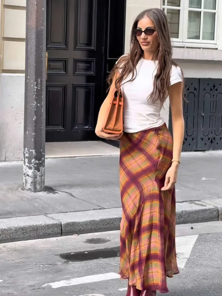LIZAKOSHT  -  Retro Plaid Pattern Pleated Skirt Women Elegant HighWaist Patchwork Ruffle Slim Midi Skirts Lady Holiday Street Wear New