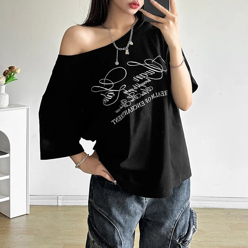 LIZAKOSHT  -  Letter Print Graphic T Shirts White Oversized One Shoulder Tops Womens Summer Fashion Clothing Trends 2025