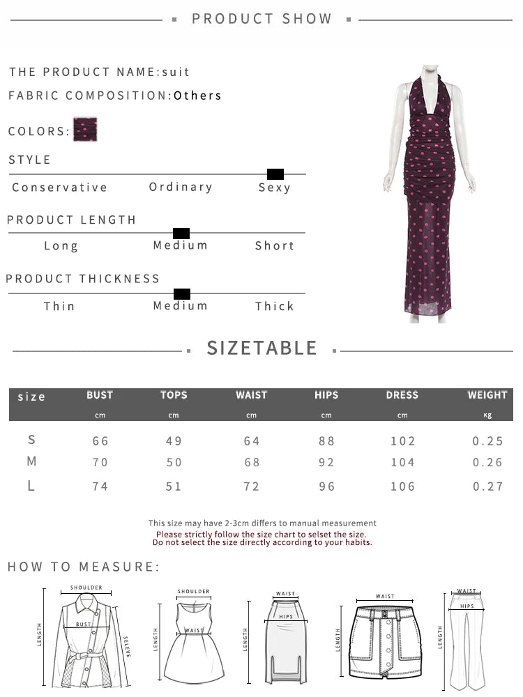 LIZAKOSHT  -  Polka Dot Print 2-Piece Set Hakter Bandage Backless v-Neck Vest+Folds Elastic Waist Skirt Vacation Elegant Suits