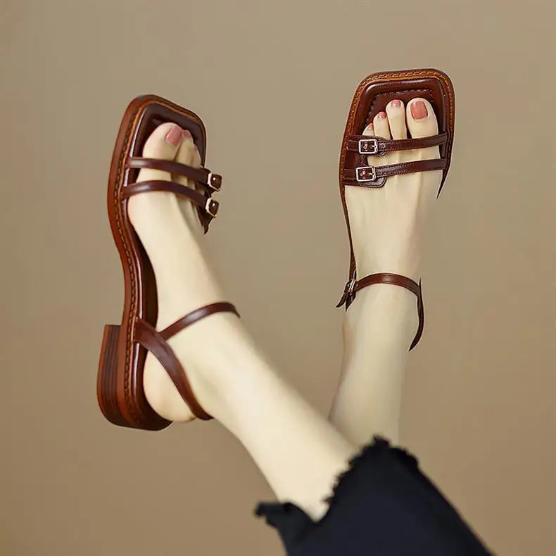 LIZAKOSHT  -  new summer double buckle women sandals retro low heel narrow band gladiator sandalias mujer dress shoes summer footwear